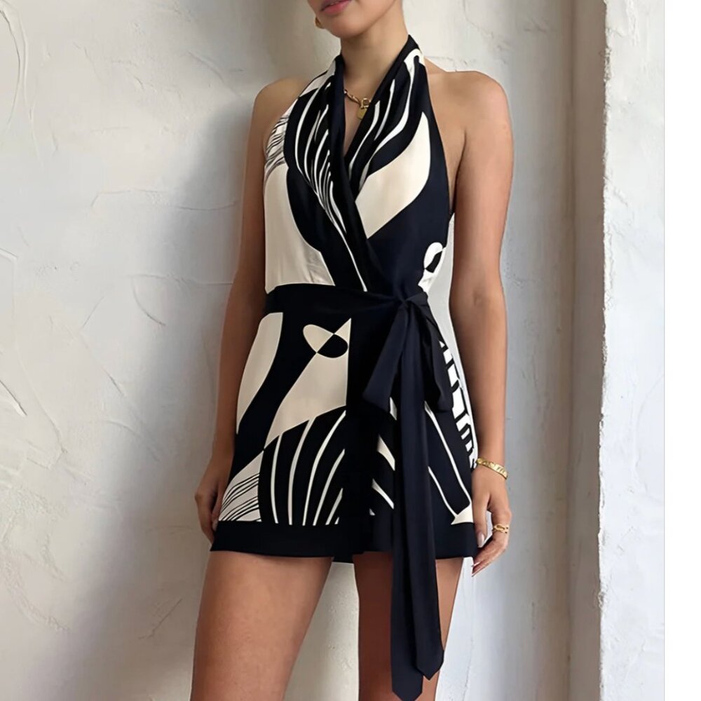 Commense Halter Belted Short Dress